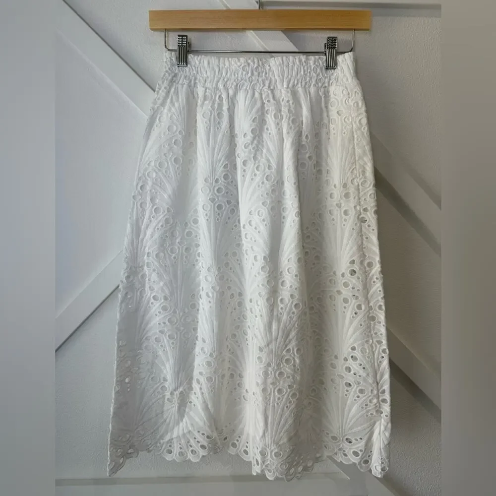 NWT Andie Swim The Mona Eyelet Scalloped Pull On Midi Skirt Coconut White Sz XS